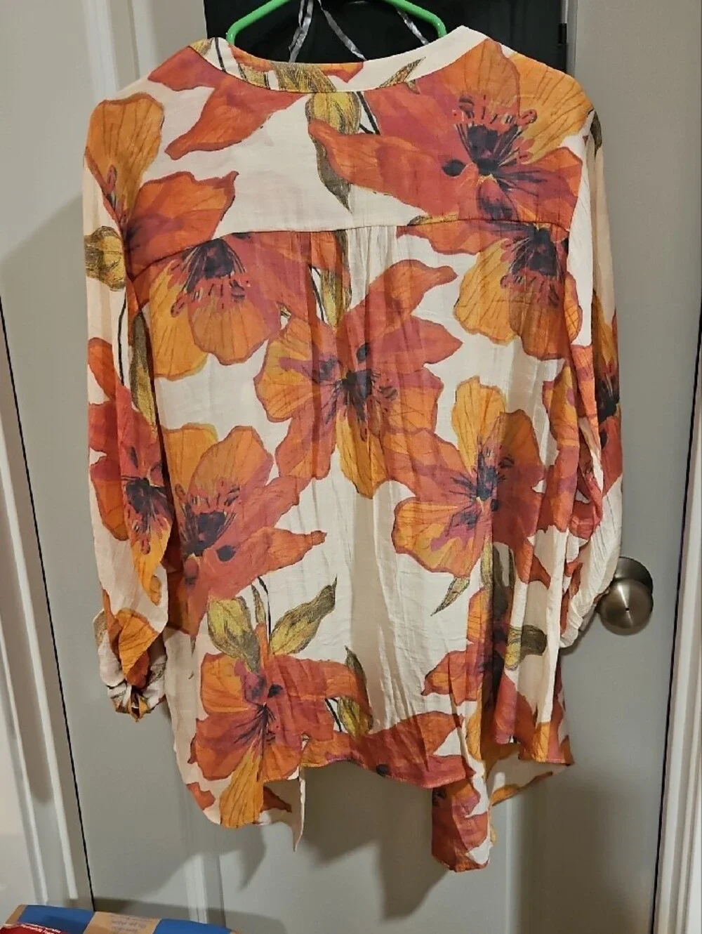 Floral Button-Front Blouse in Orange and Cream